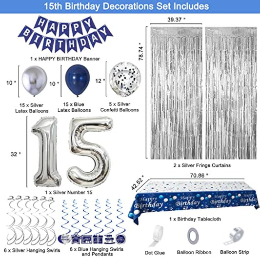 15Th Birthday Decorations For Boys And Girls Blue Silver, Happy 15Th Birthday Decorations Banner Birthday Balloons Number 15 Tablecloth Fringe Curtains Hanging Swirls, 15 Years Old Bday Party Supplies