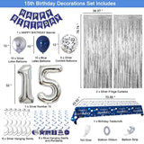 15Th Birthday Decorations For Boys And Girls Blue Silver, Happy 15Th Birthday Decorations Banner Birthday Balloons Number 15 Tablecloth Fringe Curtains Hanging Swirls, 15 Years Old Bday Party Supplies