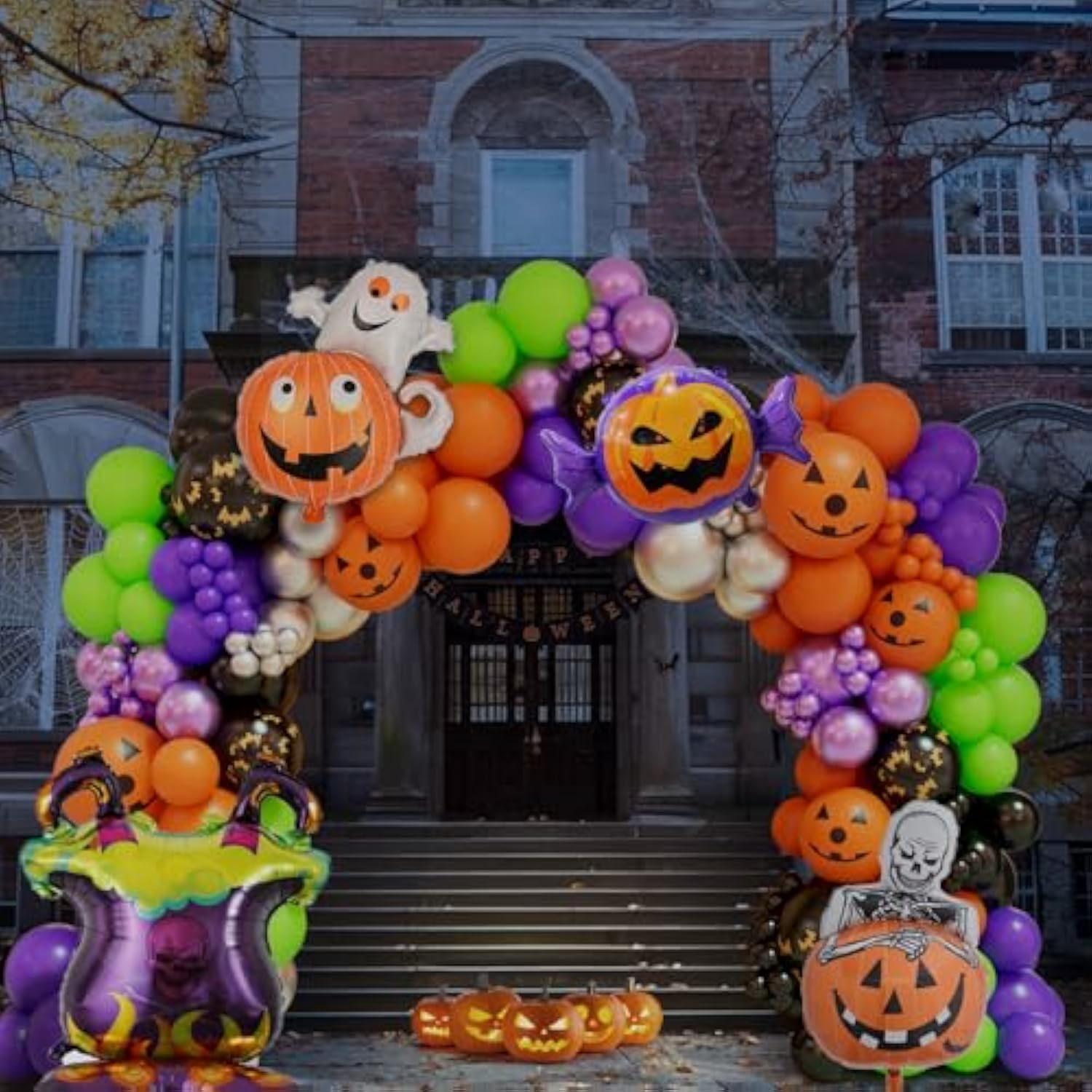 153Pcs Halloween Balloon Arch Kit - Ghost, Pumpkin, Candy & Black Orange Green Purple