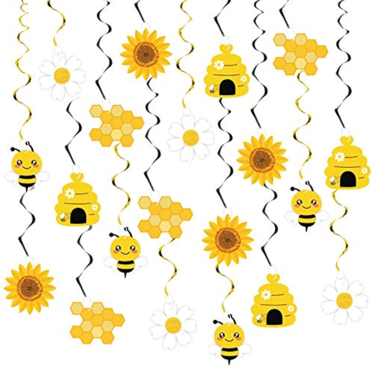 20Pcs Bumble Bee Hanging Swirl Decorations, Bee Party Hanging Swirls Foil Ceiling Streamers Honey Bee Themed Party Supplies For Kids Birthday Baby Shower Gender Reveal Bee Party Decoration