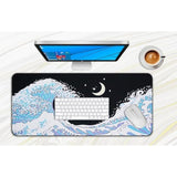 Full Desk Mouse Pad, 31.5 X 15.75 Inches, 3 Mm Thick, Non-Slip Rubber Base, Office And Gamingmat With Stitched Edges (Black And Blue Waves)