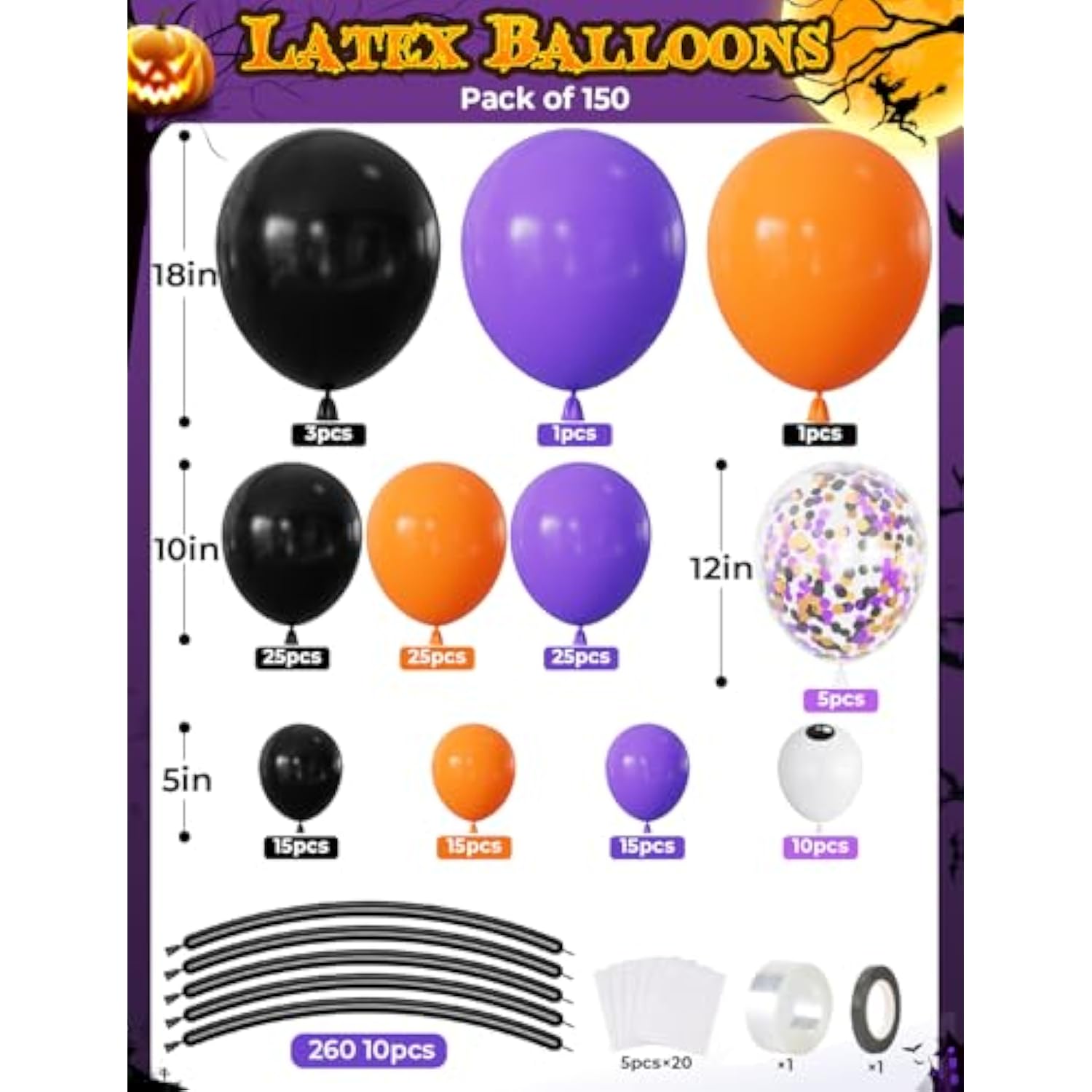 150Pc Halloween Balloon Arch Kit – Black Orange Purple Balloons with Eyeball