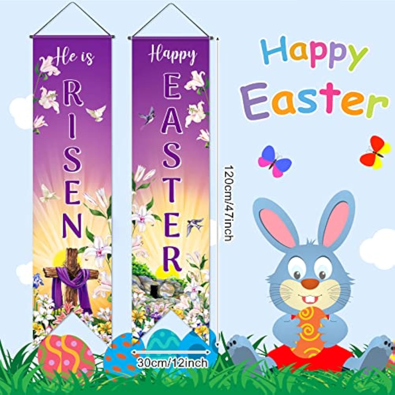 Happy Easter Door Banner He Is Risen Porch Sign Decoration Christian Wall Hanging Banner Jesus Cross Religious Spring Background Photo Prop Backdrop For Home Outdoor Indoor Party Supplies