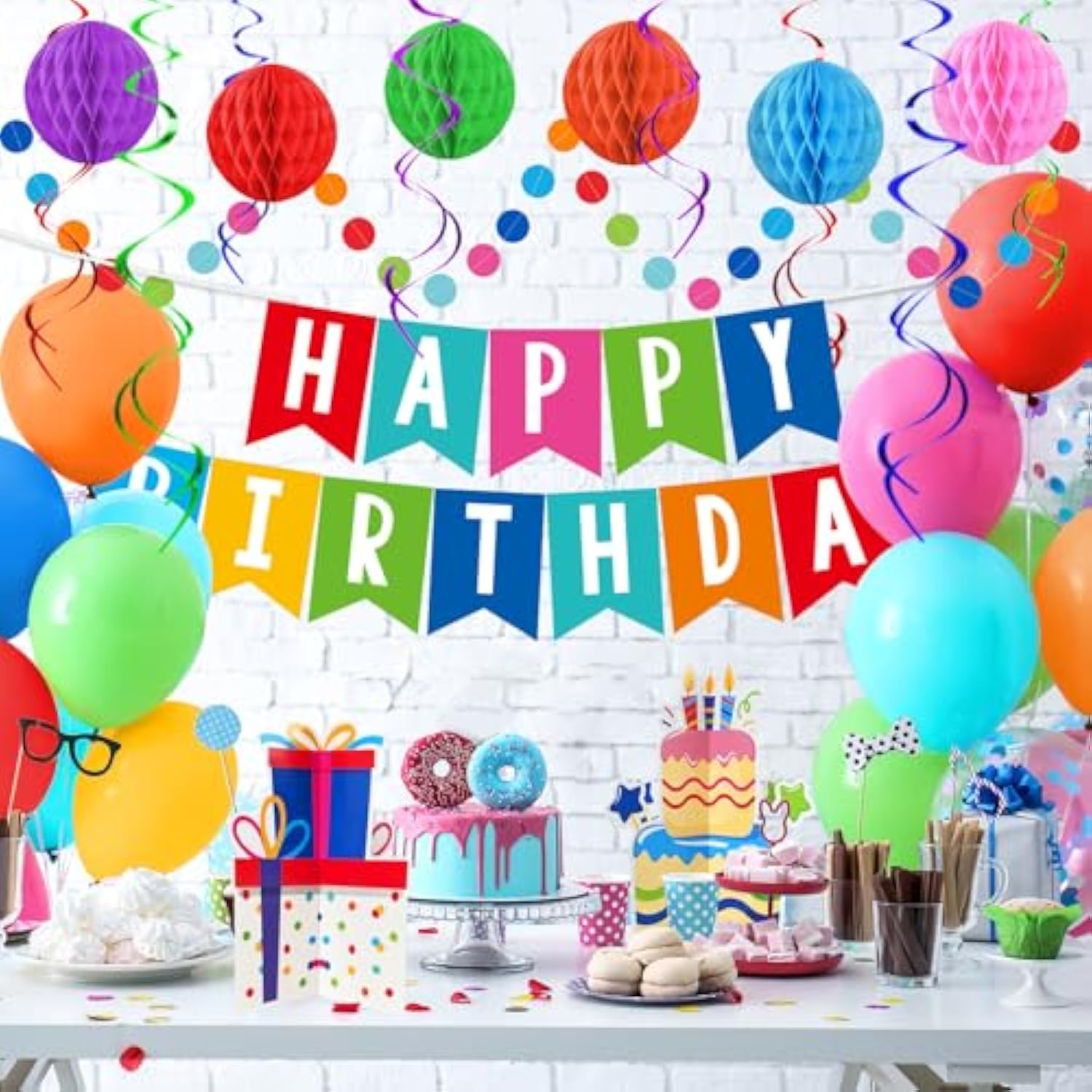 Happy Birthday Decorations Kit: Happy Birthday Banner,Birthday Dots Design Plastic Backdrop, Circle Confetti Garland, Swirl Streamers, Honeycomb Balls & Party Balloons - Table Centerpiece Set