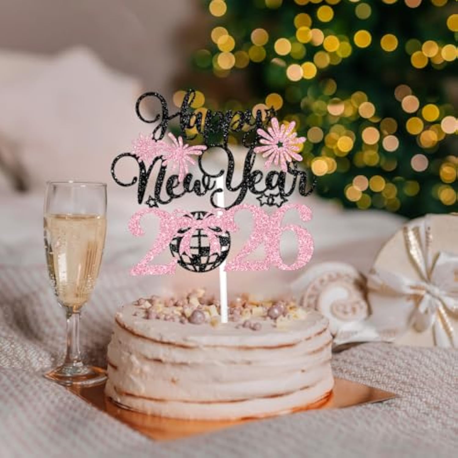 Happy New Year 2026 Cake Topper Black Pink Glitter for Holiday Party