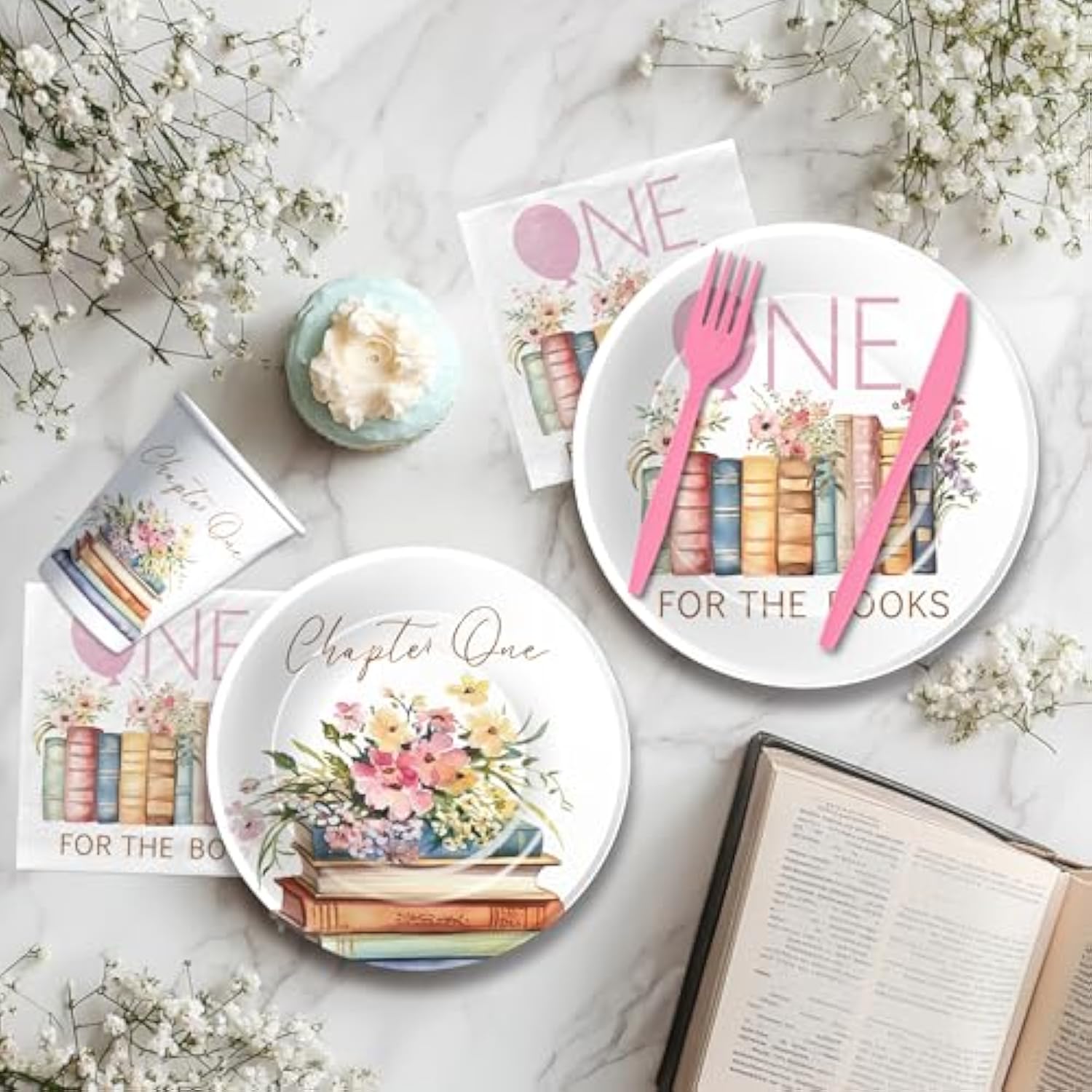 Storybook 1St Birthday Decorations Girl Tableware, Library Reading Book Club Theme First Birthday Party Supplies, Chapter One Paper Plate, Cup, Napkin, Disposable Cutlery, 24 Guests