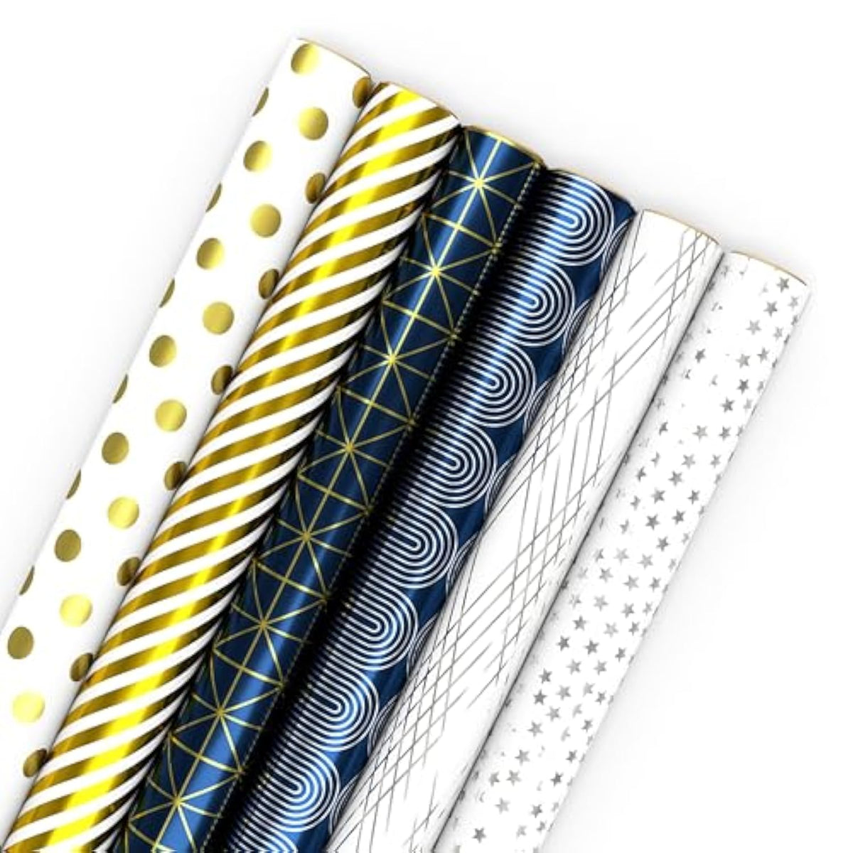 Hallmark Bulk Wrapping Paper Rolls for Birthday, Wedding, Graduation – Blue Metallic Gift Wrap Paper (Set of 6 Rolls: 180 Square Feet Total) Silver Stars, Gold Dots, Stripes, Navy
