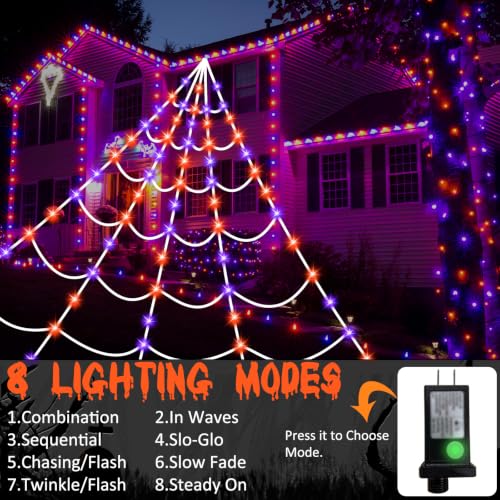 Halloween Spider Web Lights 150 LED Lighted Spider Web Giant 16.4 Ft Halloween Decorations Light up with 8 Lighting Modes Waterproof & Timer Outdoor Indoor Yard Haunted House Decor, Purple & Orange