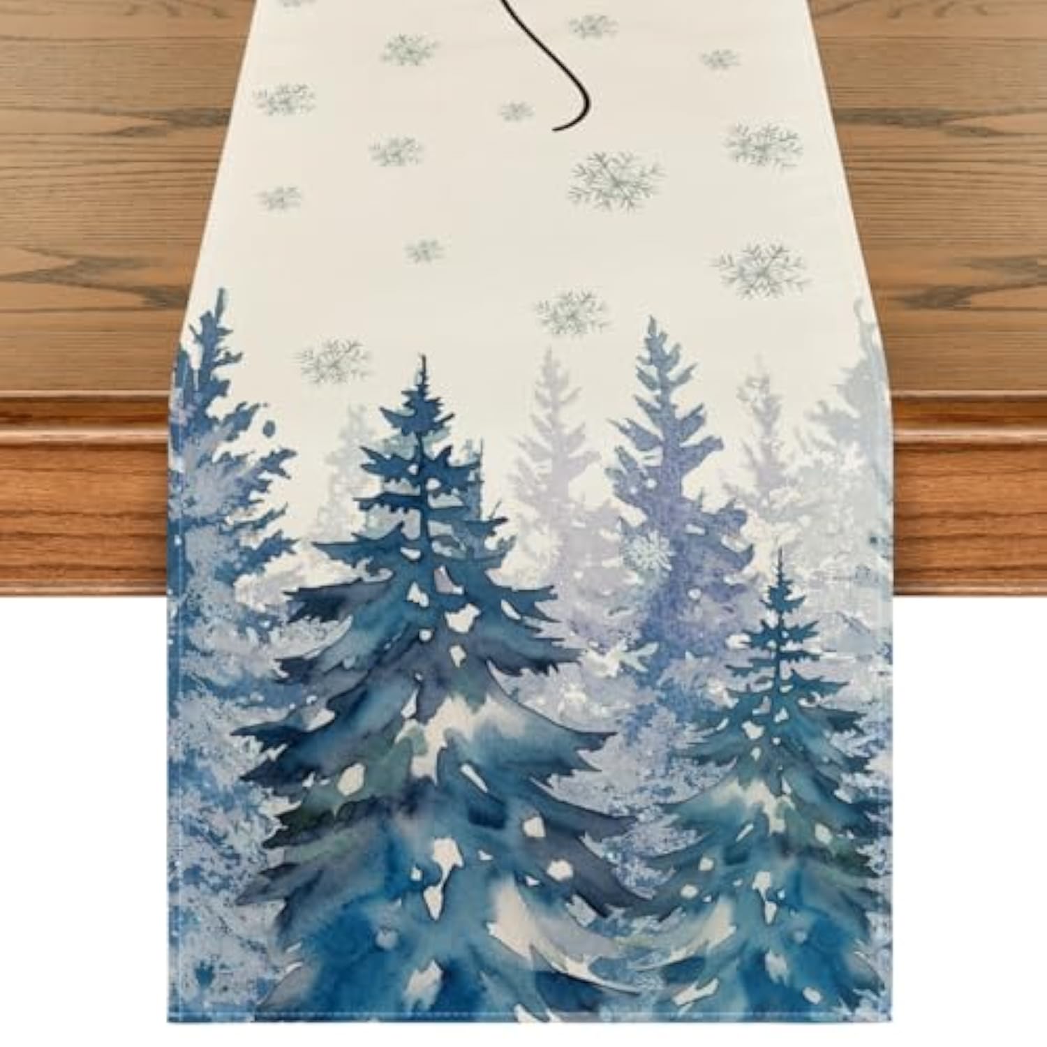 Ink Wash Painting Christmas Trees Hello Winter Table Runner, Seasonal Pine Kitchen Dining Table Decoration For Home Party Decor 13X72 Inch