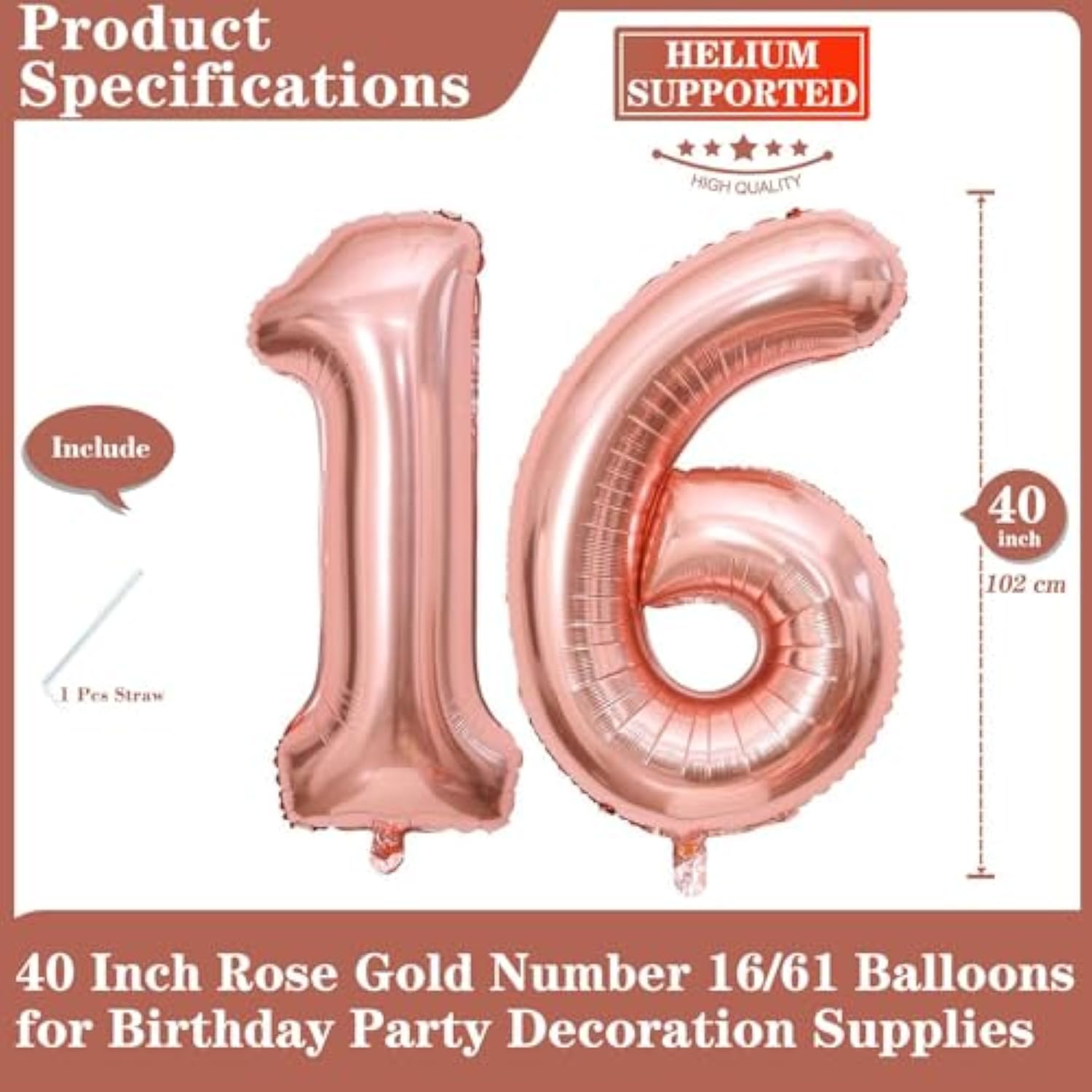 Rose Gold 16 Number Balloons  40" Giant Foil Mylar for 16th Birthday Decor