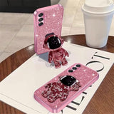 Samsung Galaxy A16 5G Astronaut Kickstand Phone Case with Lanyard Rose Gold Bling Protection