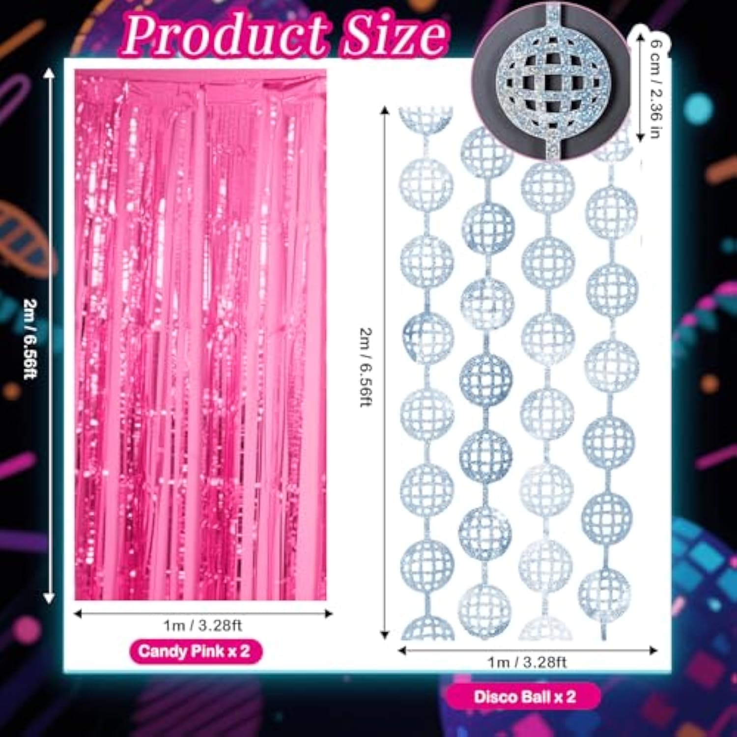 4 Pcs Disco Party Decorations - 2 X Disco Ball Silver Metallic Tinsel Fringe Curtains & 2 X Candy Pink Backdrops For Birthday Supplies Last Rodeo Bachelorette Wedding Disco Decor