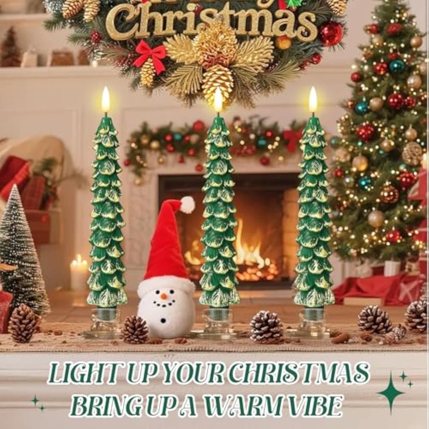 3 Pcs Christmas Tree Flameless Taper Candles Battery Operated With Remote And Timer, Real Wax Led Candles, Warm 3D Wick Flickering Lifelike Leaves, Xmas Dinner Holiday Decoration (Green,Gold)