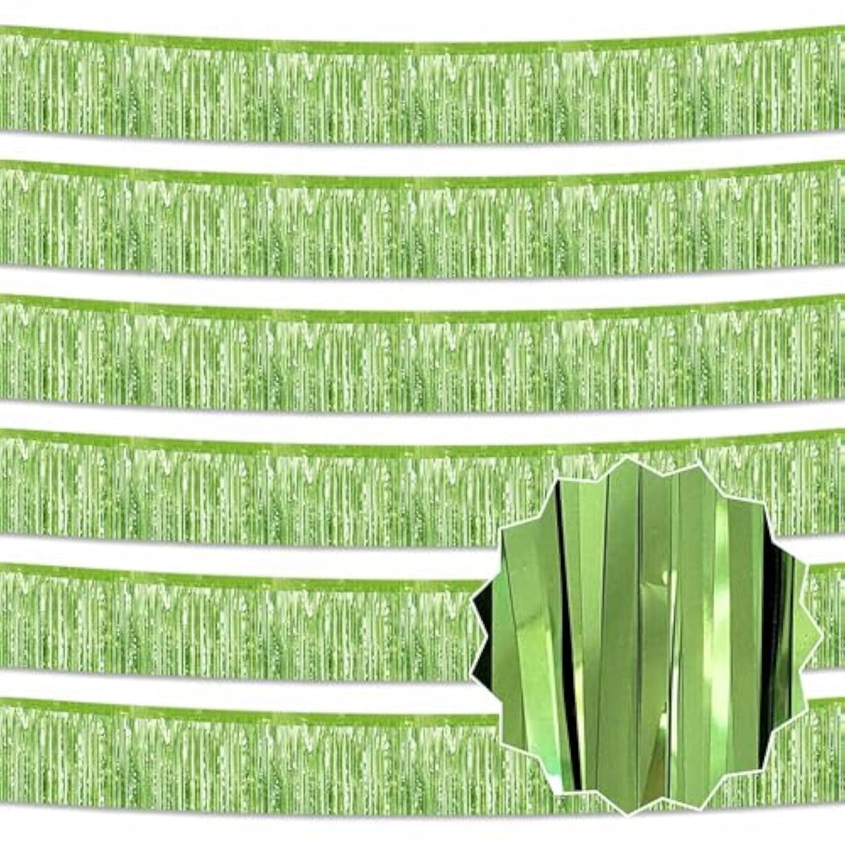 6 Pack 10 Ft Light Green Foil Fringe Garland Metallic Streamers Tinsel Banner Wall Hanging Garland Backdrop For Parade Floats, Halloween, Christmas, Thanksgiving, New Year Party Decorations