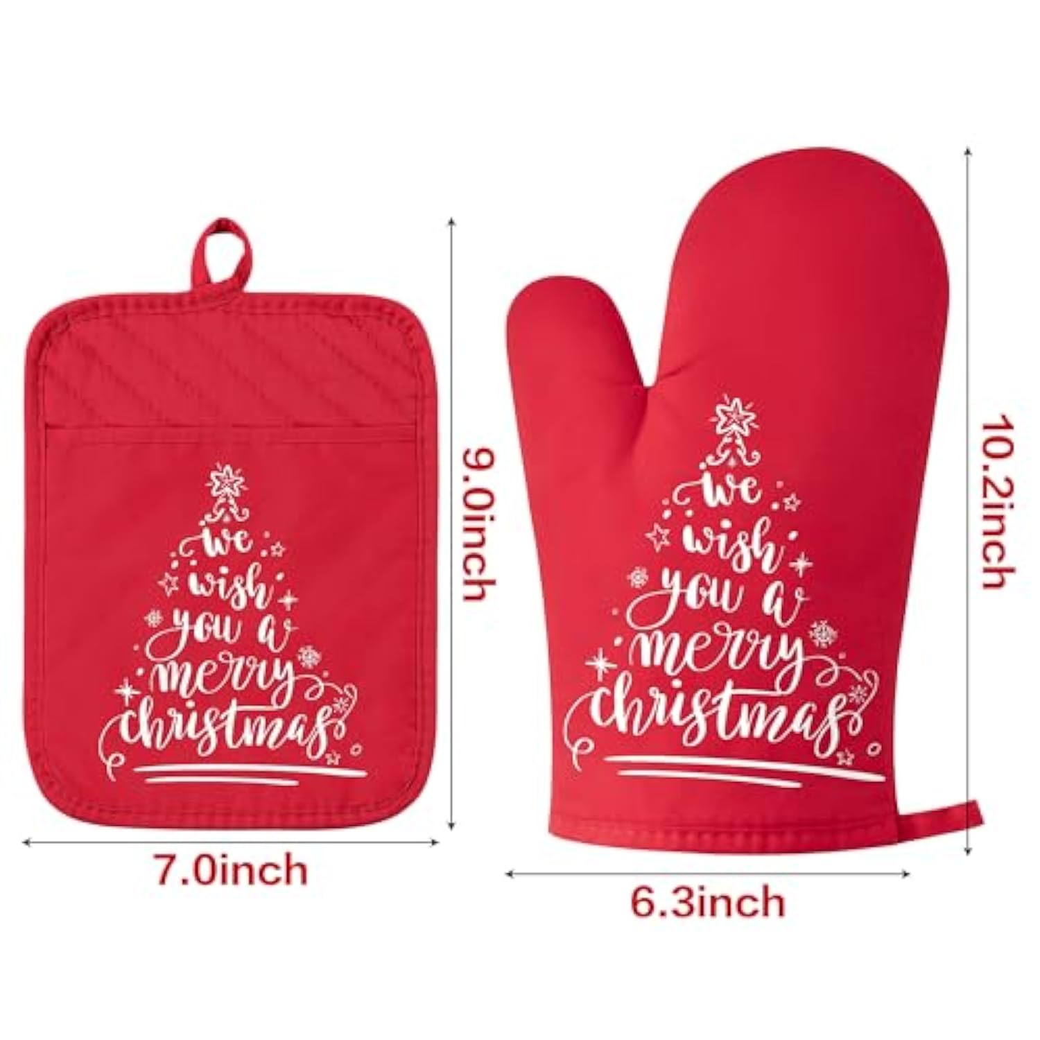 6Pcs Christmas Oven Mitts Pot Holders Baking Gift, We Wish You A Merry Christmas Resistant Hot Pad Machine Washable Gloves With Hanging Loop Pocket Potholder For Kitchen Cooking Grilling Red