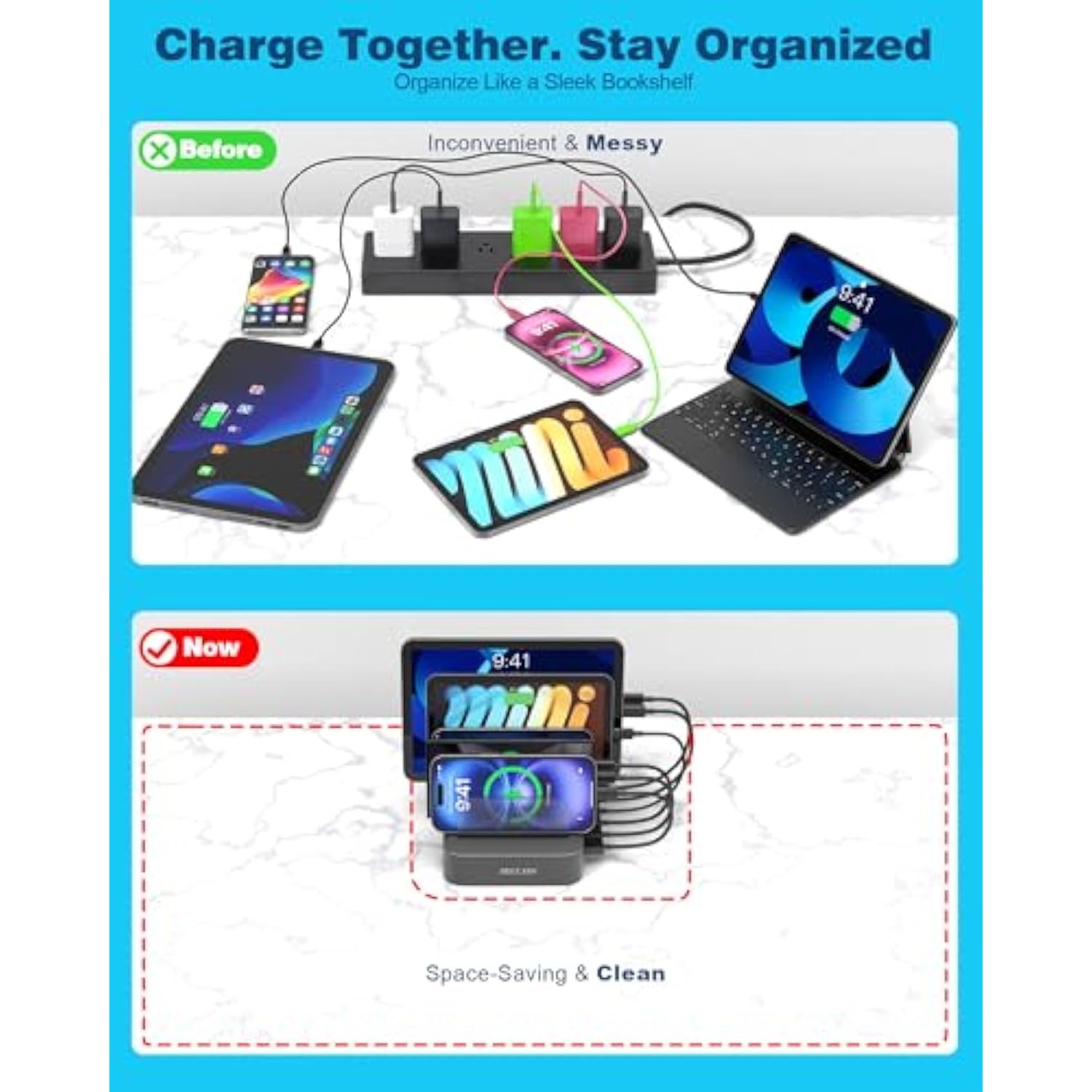 Charging Station For Multiple Devices : 5 Port Multi Usb-A Charger Stations Multi-Device Organizer Charging Dock Designed For Iphone Ipad Cell Phone Tablets (7 Short Cables Included), Gray