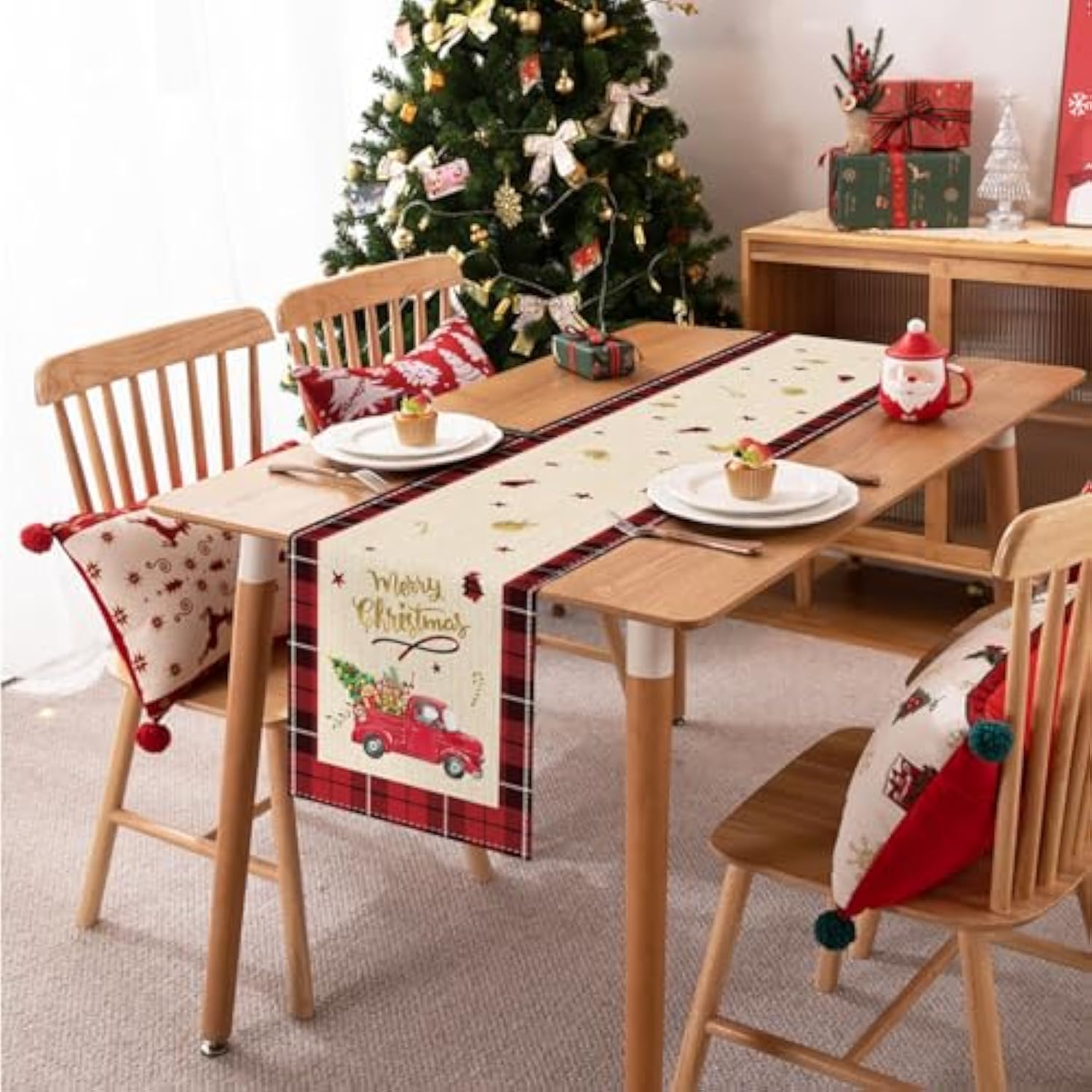 Merry Christmas Red Truck Table Runner 13X72 Inch Buffalo Plaid Xmas Tree Seasonal Winter Holiday Kitchen Kitchen Dining Table Decoration For Indoor Outdoor Home Party Decor