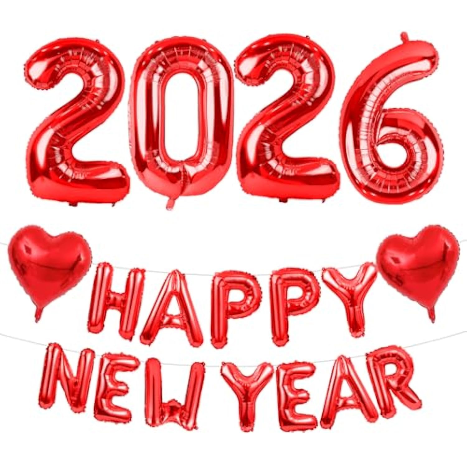 2026 Red Number Balloons Happy New Year Banner Heart Balloon Party Decor