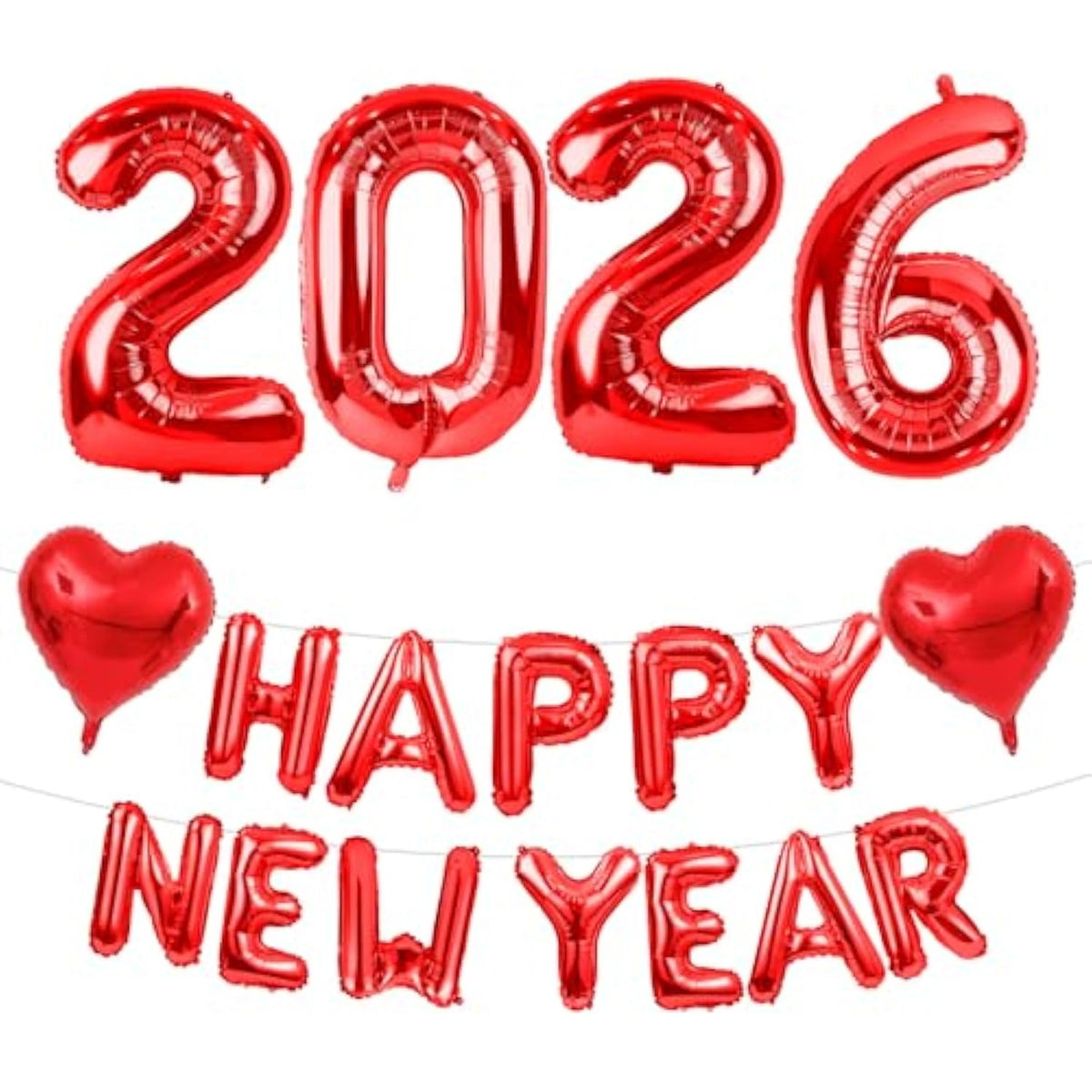 2026 Red Number Balloons Happy New Year Banner Heart Balloon Party Decor
