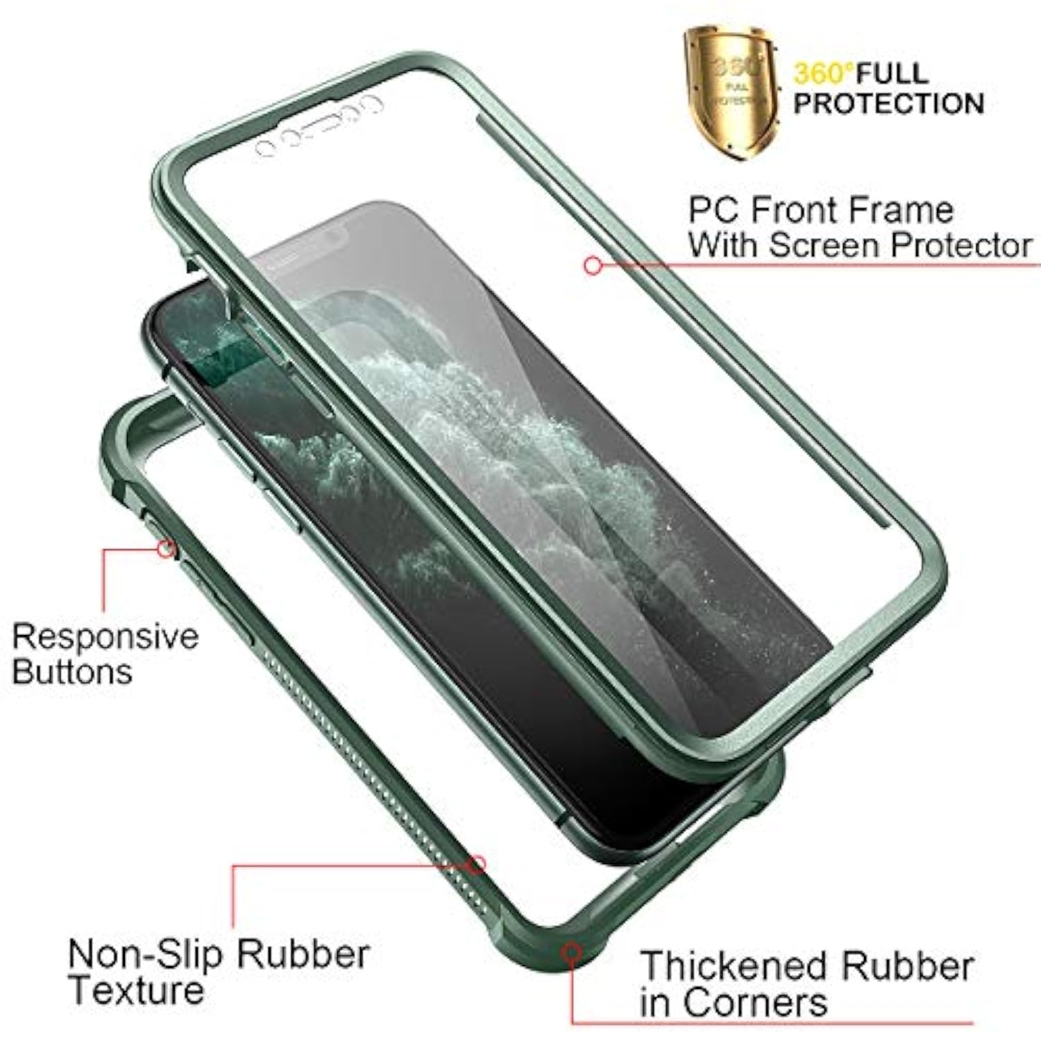 Iphone 11 Pro Case With Screen Protector Clear Rugged Full Body Protective Shockproof Hard Back Defender Dual Layer Heavy Duty Bumper Cover Case For Iphone 11 Pro 5.8" - Green