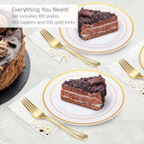 100 Stylish Gold Dessert Plates, Forks And Cocktail Napkins - 7.5 Inch Wedding Cake Plates For Events Including Wedding Reception, Parties Or Showers
