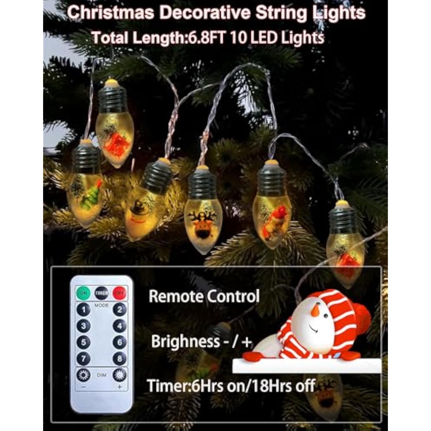 6.8Ft Vintage Christmas Lights-10 Led Snow Globe Bulb Lights With Tree Snow Cute Ornaments, Battery Powered Indoor Chris