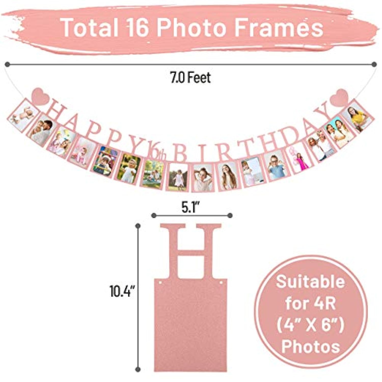 Rose Gold Sweet 16 Photo Banner – Pre-Assembled with 16 Picture Frames & Birthday Signs