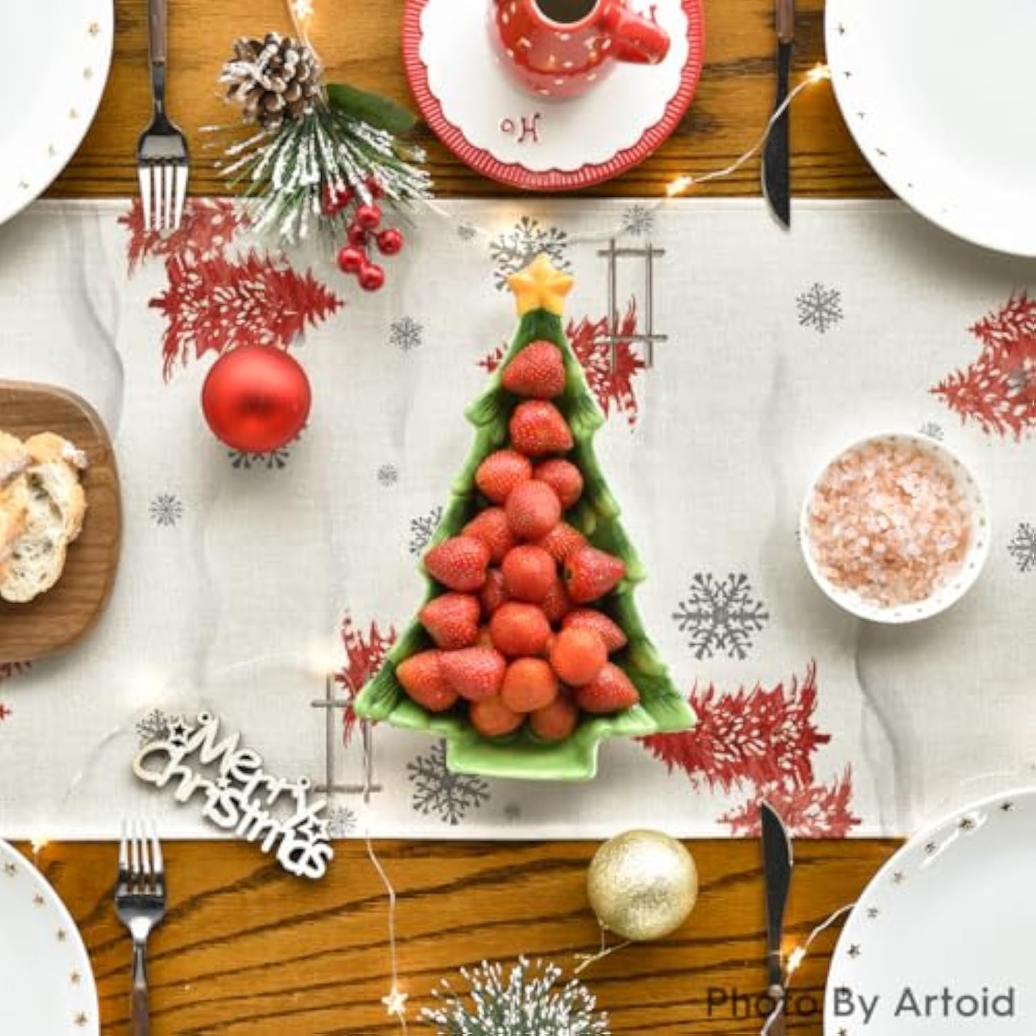Xmas Trees Let It Snow Red Snowman Christmas Table Runner, Seasonal Winter Holiday Kitchen Dining Table Decoration For Home Party Decor 13X72 Inch