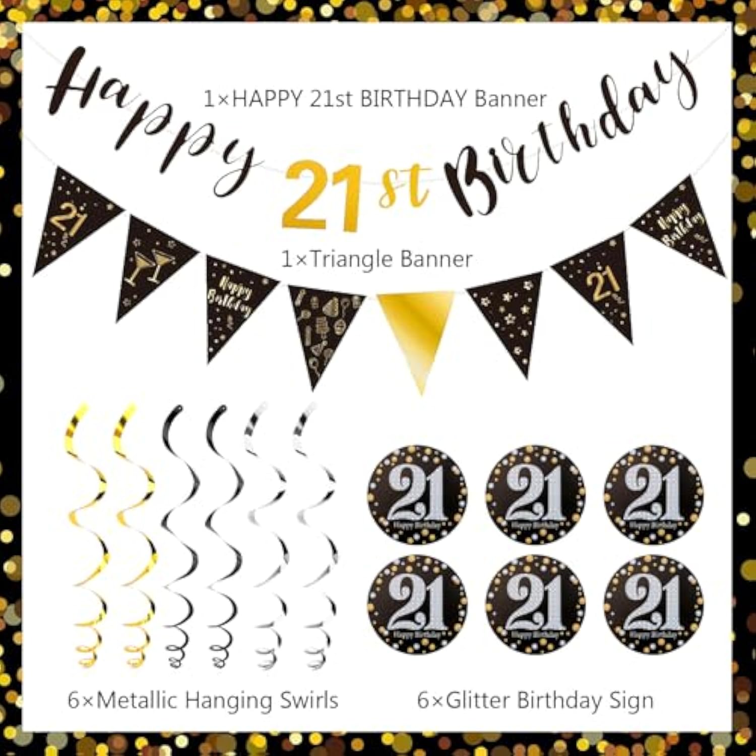 21St Birthday Decorations - Black Gold Pre-Assembled Triangle Flag Banner And Glitter Hanging Swirls Party Set