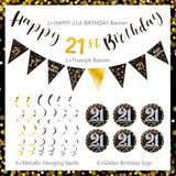 21St Birthday Decorations - Black Gold Pre-Assembled Triangle Flag Banner And Glitter Hanging Swirls Party Set