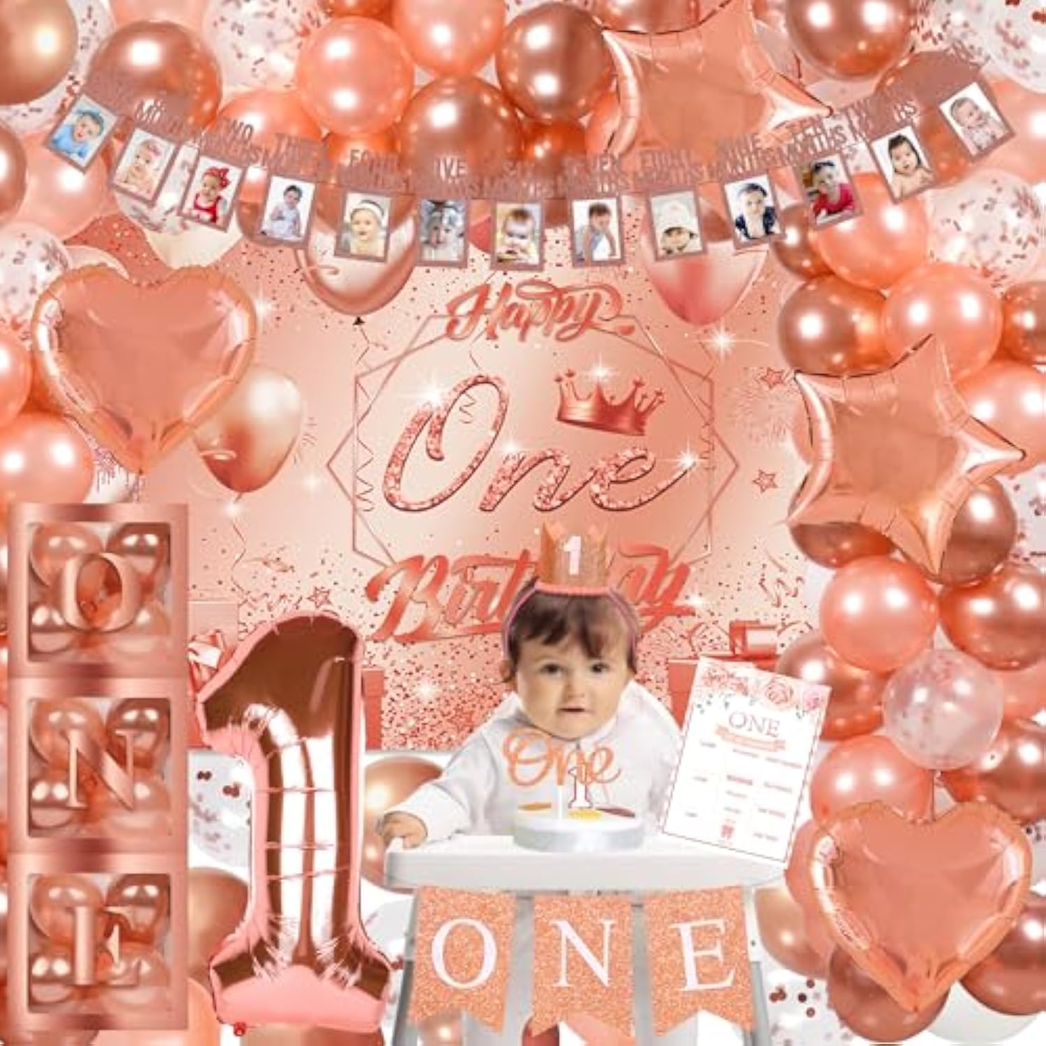 Rose Gold 1St Birthday Decorations Girl First Birthday Party Supplies Include Rose Gold Balloon Arch And Balloons Boxes Photo Banner Backdrop For Baby Girl Party Supplies