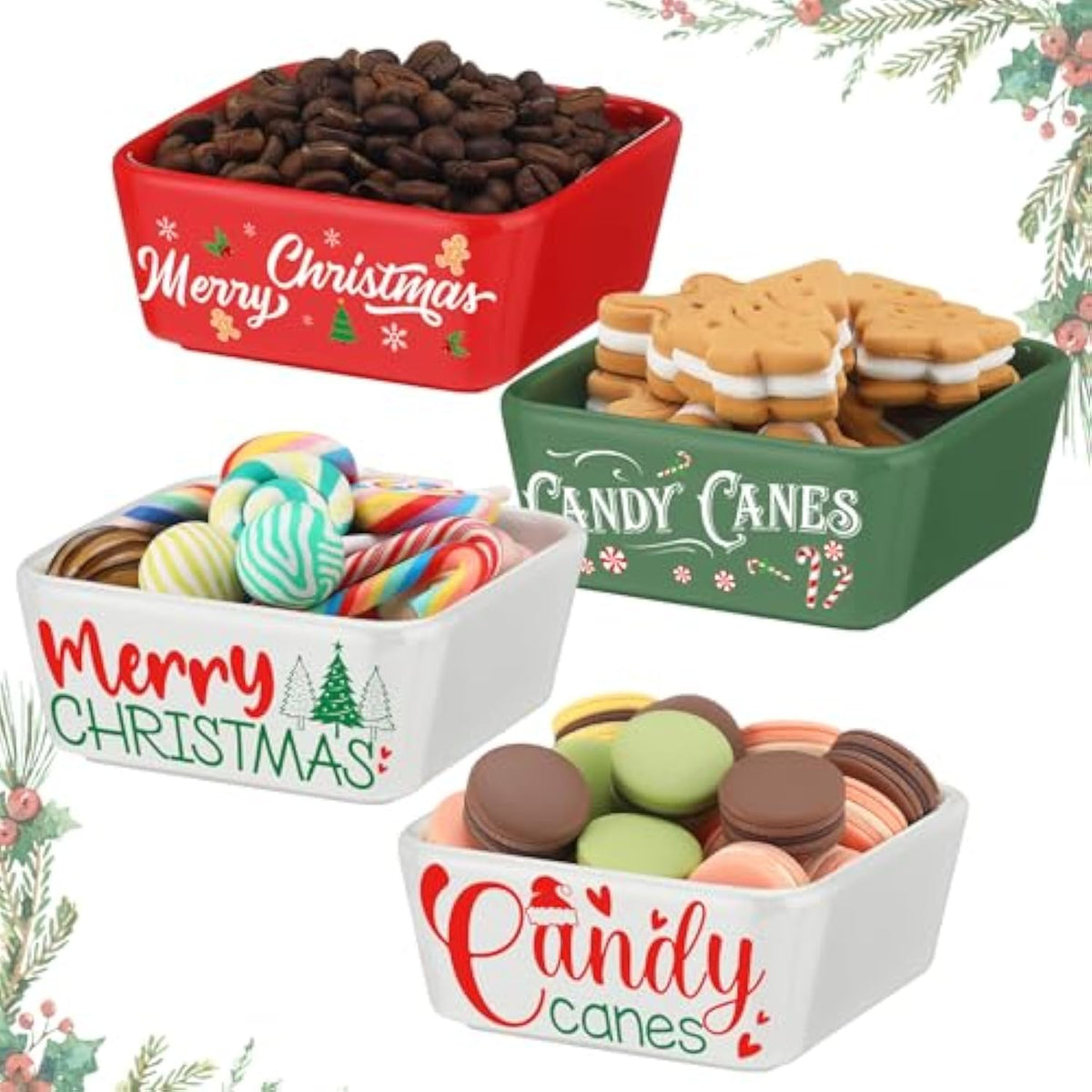 4 Pcs Mini Christmas Candy Dish Ceramic Candy Bowls Serving Trays Merry Christmas Tree Canes Dishes Farmhouse Home Table Decoration For Xmas Holiday Snacks Cookie Housewarming Gift