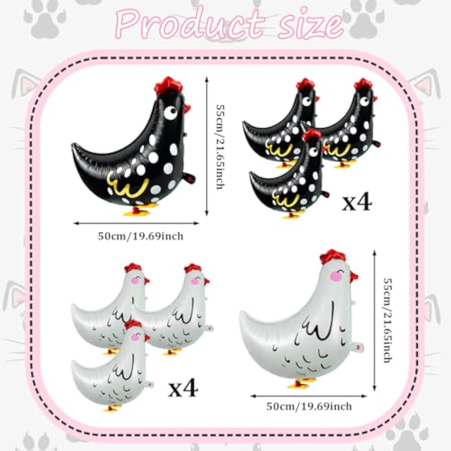 8 Pc Walking Chicken Balloons (4 White, 4 Black) for Farm Animal Birthday/Shower