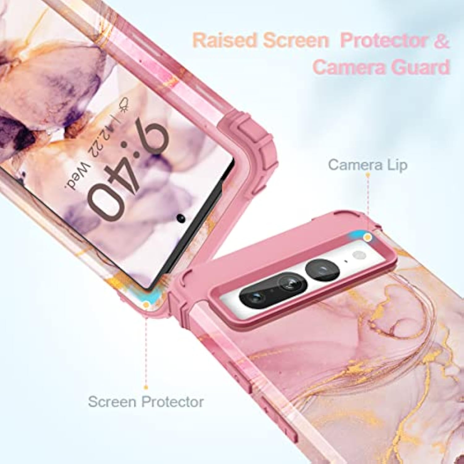 For Pixel 7 Pro - Marble Rose Gold 3 In 1 Hard Pc Silicone Rugged Bumper Heavy Duty Shockproof Antiscratch Military Fullbody Protective Case, 6.7"