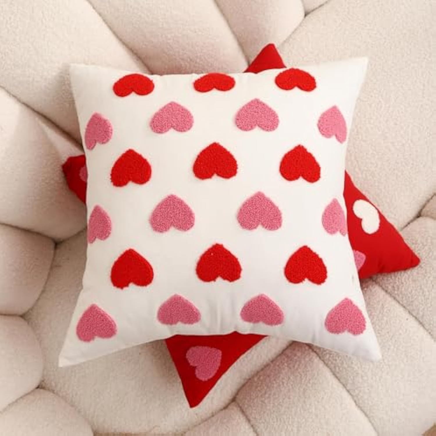 Valentines Day Throw Pillow Covers 18X18 Set Of 2 Heart Love Couples Decorations Embroidery Cushion Covers Home Decor For Couch Girlfriend Sofa Bedroom, White Red Pink