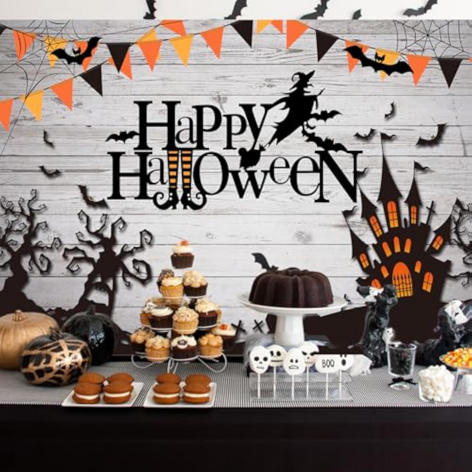 Happy Halloween Backdrop 7x5ft Spider Web Witch Bats Photo Booth Party Decor