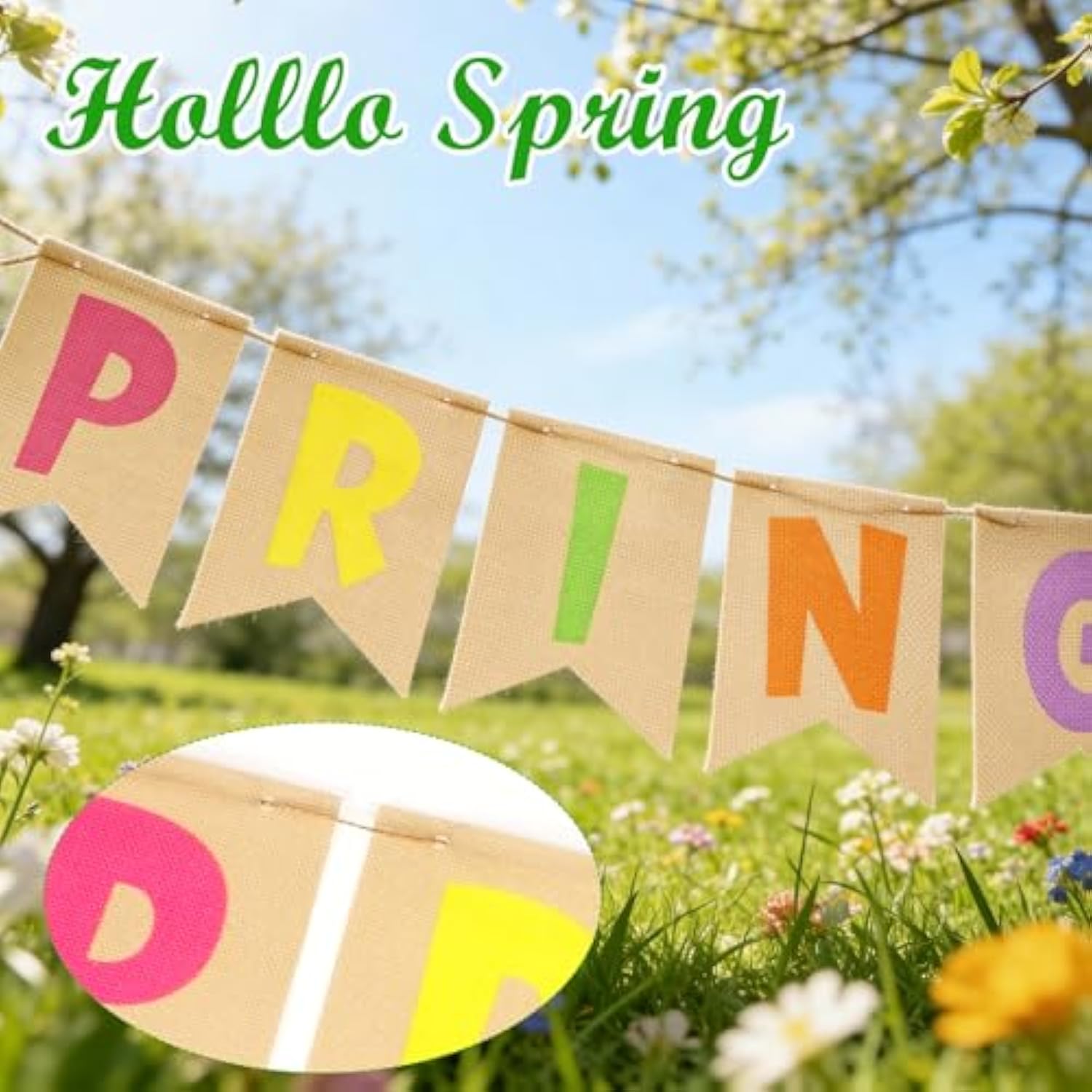 Hello Spring Banner, Pre-Assembled Tulip Burlap Spring Decorations Banner For Home Inside Room Mantle Wall And More