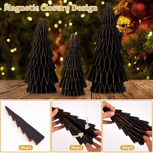 3PCS Paper Christmas Tree, Christmas Honeycomb Centerpiece, Honeycomb Paper Tree, 8 & 10 & 12 Inch with Black Gold Glitter Edge, Christmas Table Decor for Xmas Home