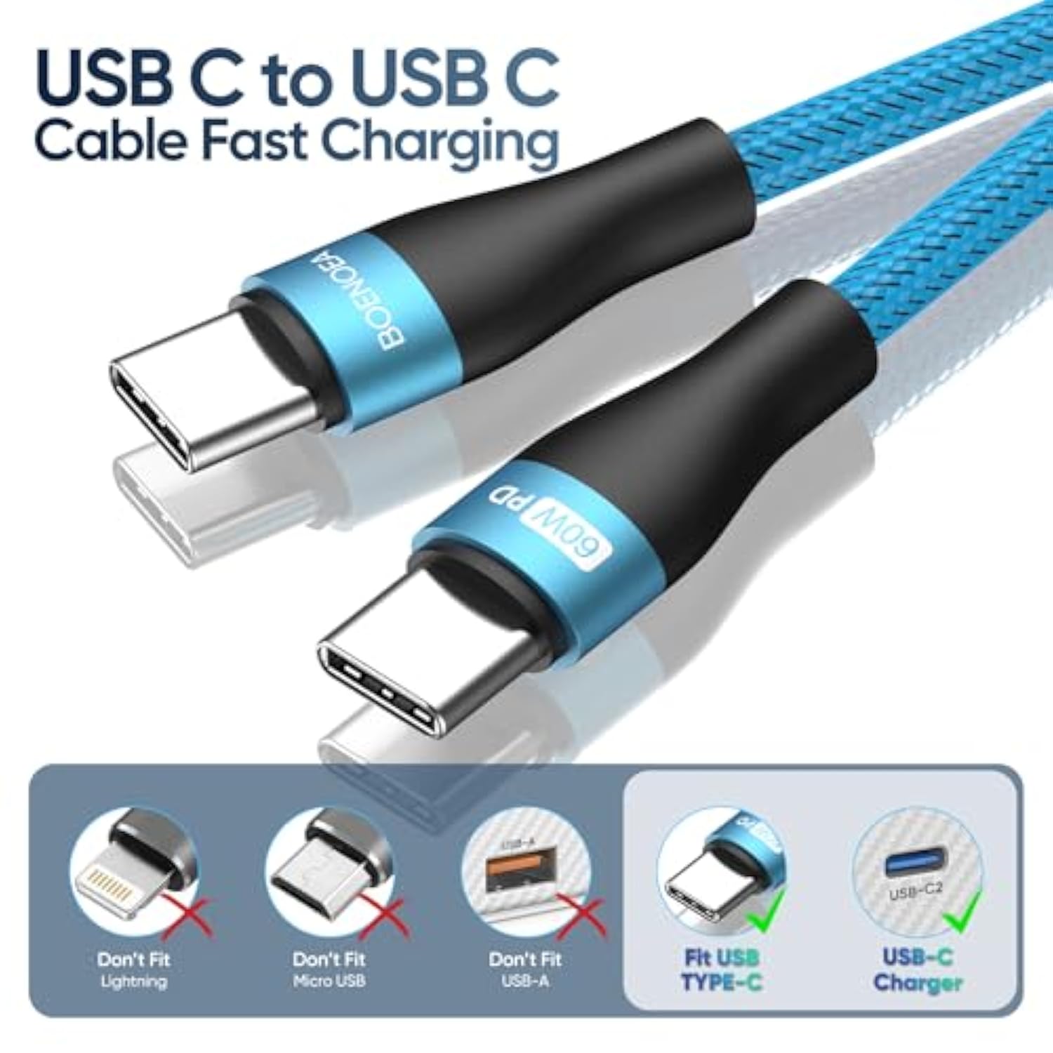 Usb C To Usb C Cable 10Ft 4-Pack, Usb C Charger Cable 60W Nylon Braided Compatible For Phone 15/15 Pro/15 Pro Max, Macbook Air/Pro, Samsung Galaxy S23/S22 Ultra, Switch