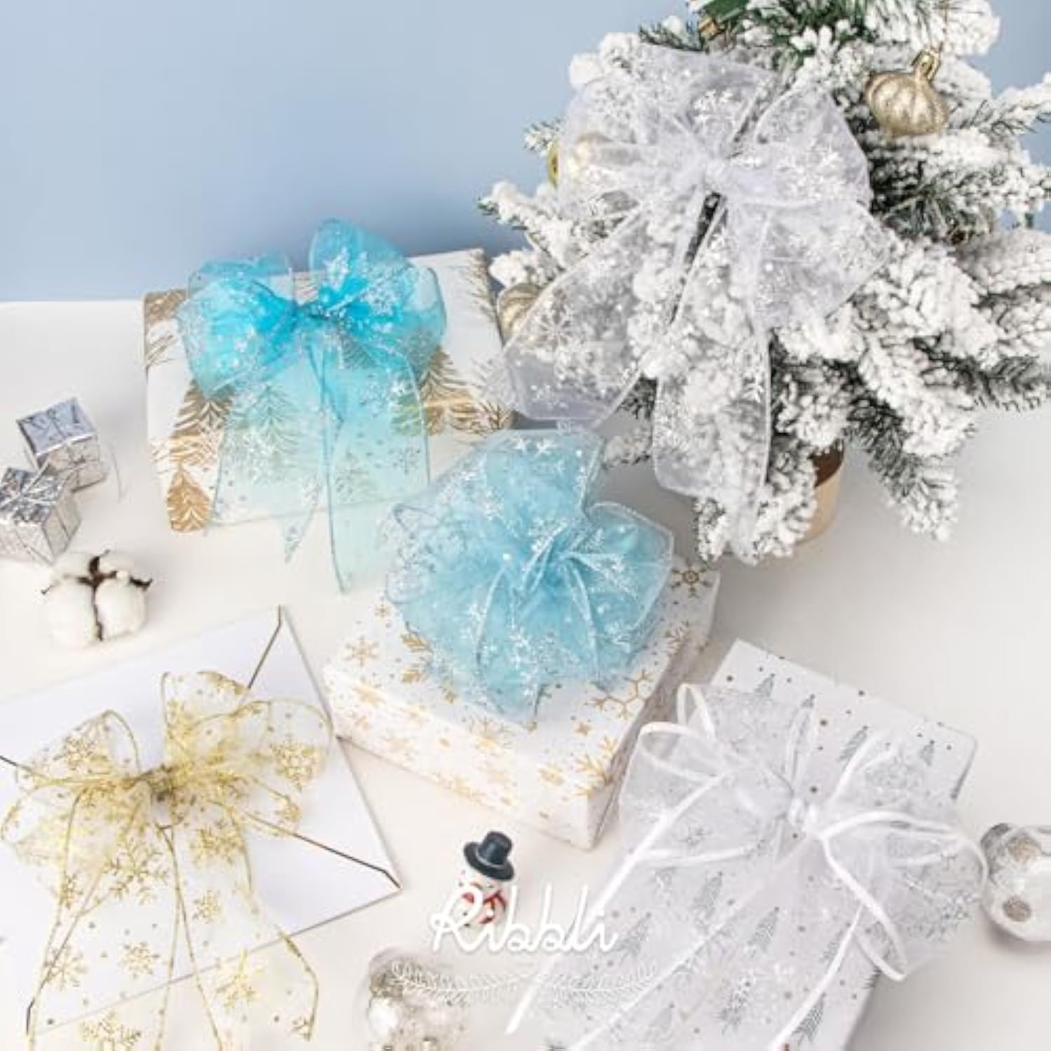 Snowflake Glitter Wired Ribbon, Ivory Organza Sheer Ribbon With Gold G