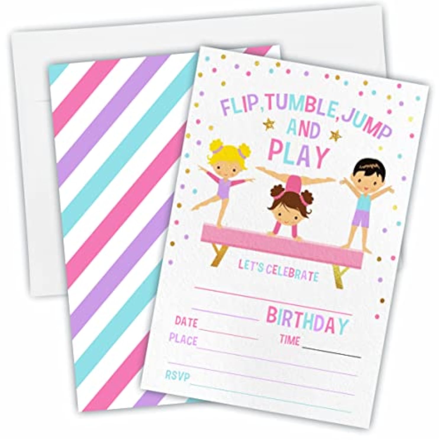 Gymnastics Birthday Party Invitation?Flip, Tumble, Jump Party Invitations For Kids, Teen, Boys & Girls?20 Double-Sided Fill In Style Invites With Envelopes-Party Favors Decoration And Supplies-Yqk-C02