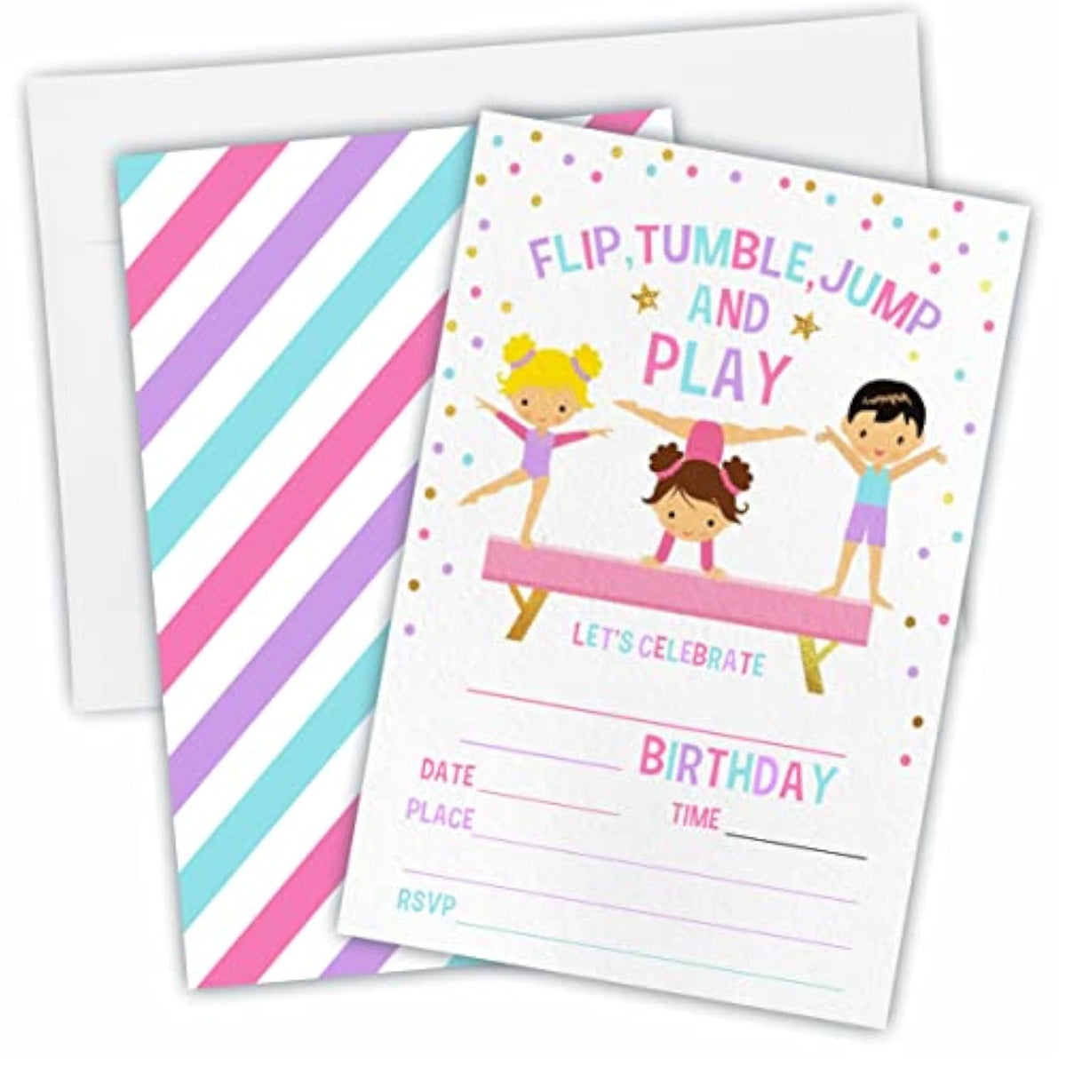 Gymnastics Birthday Party Invitation?Flip, Tumble, Jump Party Invitations For Kids, Teen, Boys & Girls?20 Double-Sided Fill In Style Invites With Envelopes-Party Favors Decoration And Supplies-Yqk-C02