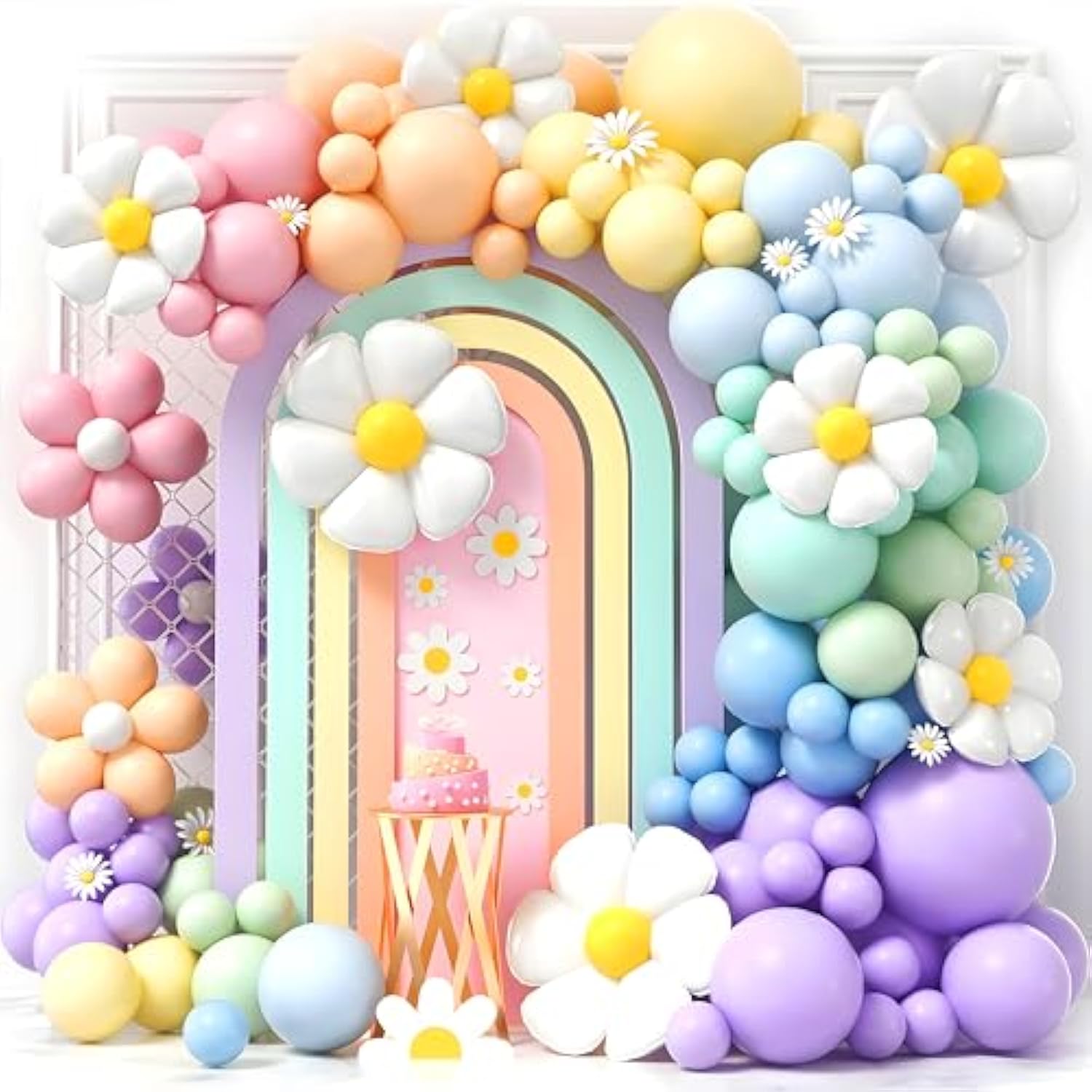 Pastel Daisy Balloon Arch Kit – Rainbow Floral Balloon Garland For Spring Birthday, Baby Shower & Garden Party Decorations – 100 Pcs Pastel Balloons Set