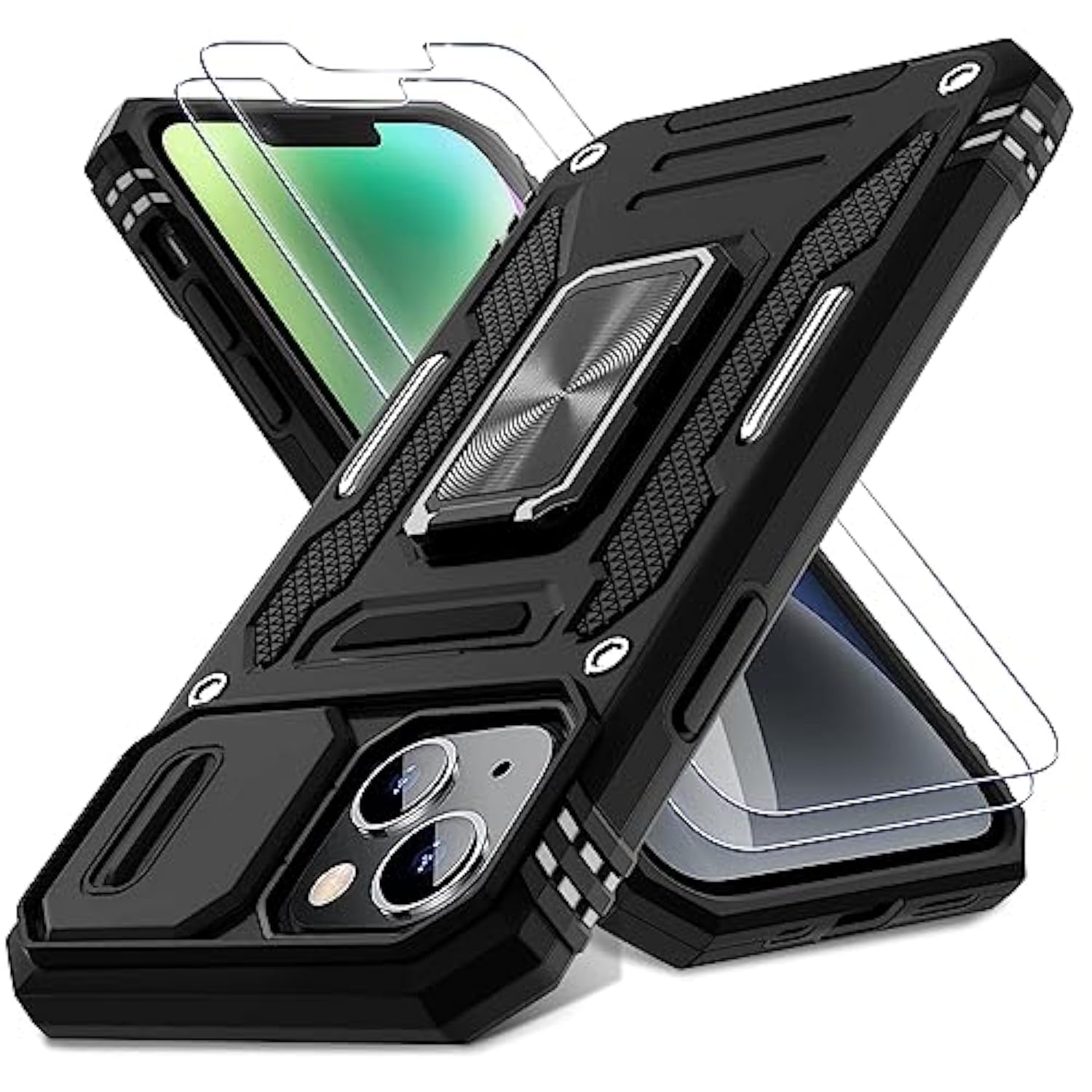 Case For Iphone 13/Iphone 14 6.1-Inch With Slide Camera Cover+Screen Protector(2 Packs),Rotated Ring Kickstand Military Grade Shockproof Protective Cover-Black