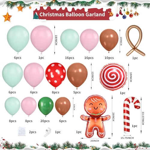 Gingerbread Balloon Arch Kit, 115 Pcs Pastel Pink Christmas Party Decorations with Pink Green and Red Latex Candy Cane Gingerbread Man Balloons Foil for Christmas Cookie Xmas New Year Party Supplies