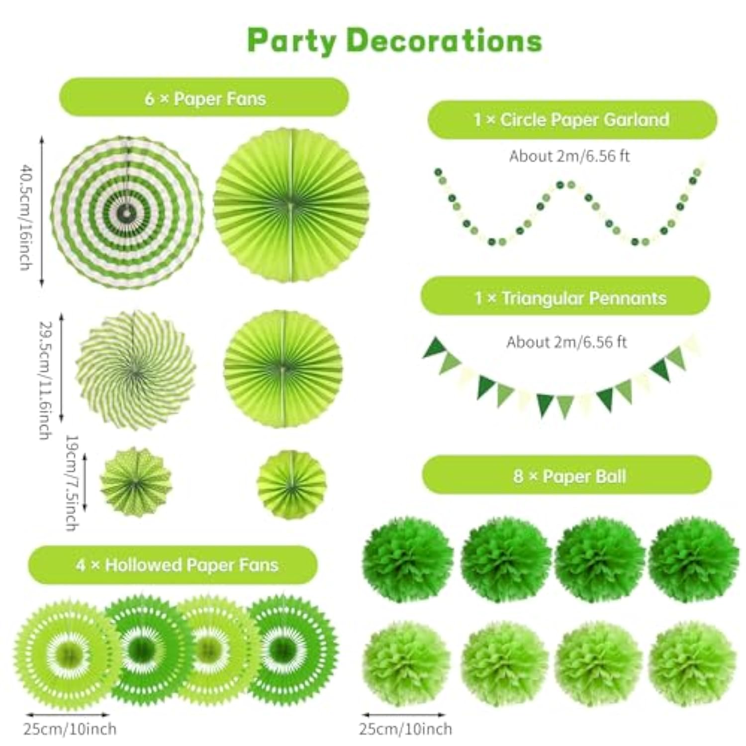 Green Party Decorations With Hanging Paper Fan, Tissue Paper Pom Poms, Circle Dots Garland, Triangle Pennant For For Birthday Party Supplies (Green)