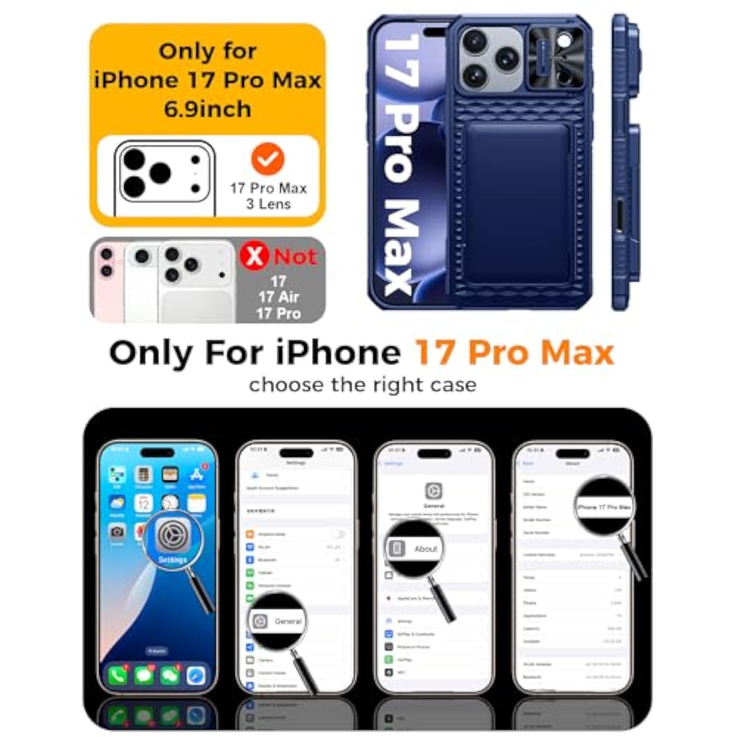 iPhone 17 Pro Max Rugged Silicone Case with Built-in RFID Blocking Card Holder and Camera Control Button, Blue