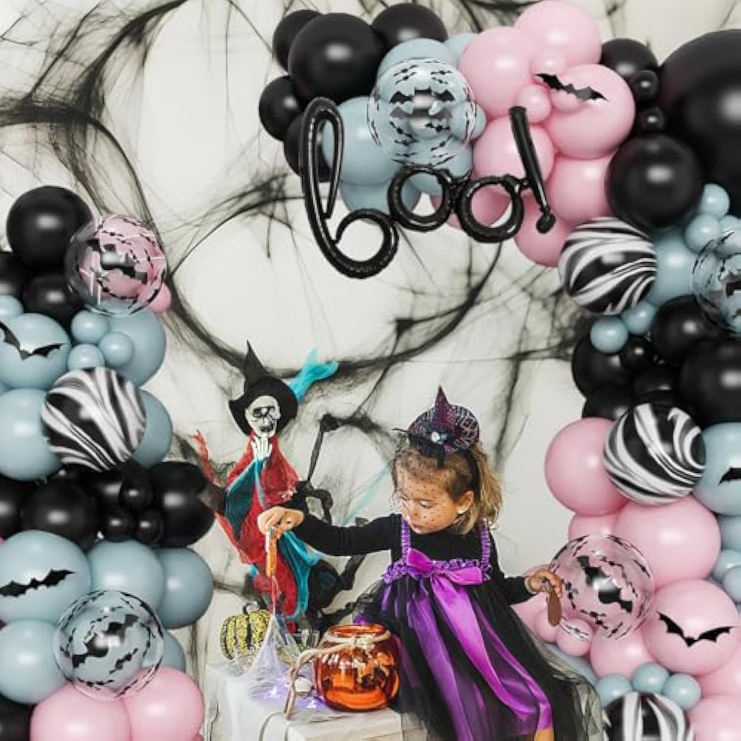 Halloween Balloon Arch Kit – Dusty Pink Blue with BOO Foil & Bat Decorations