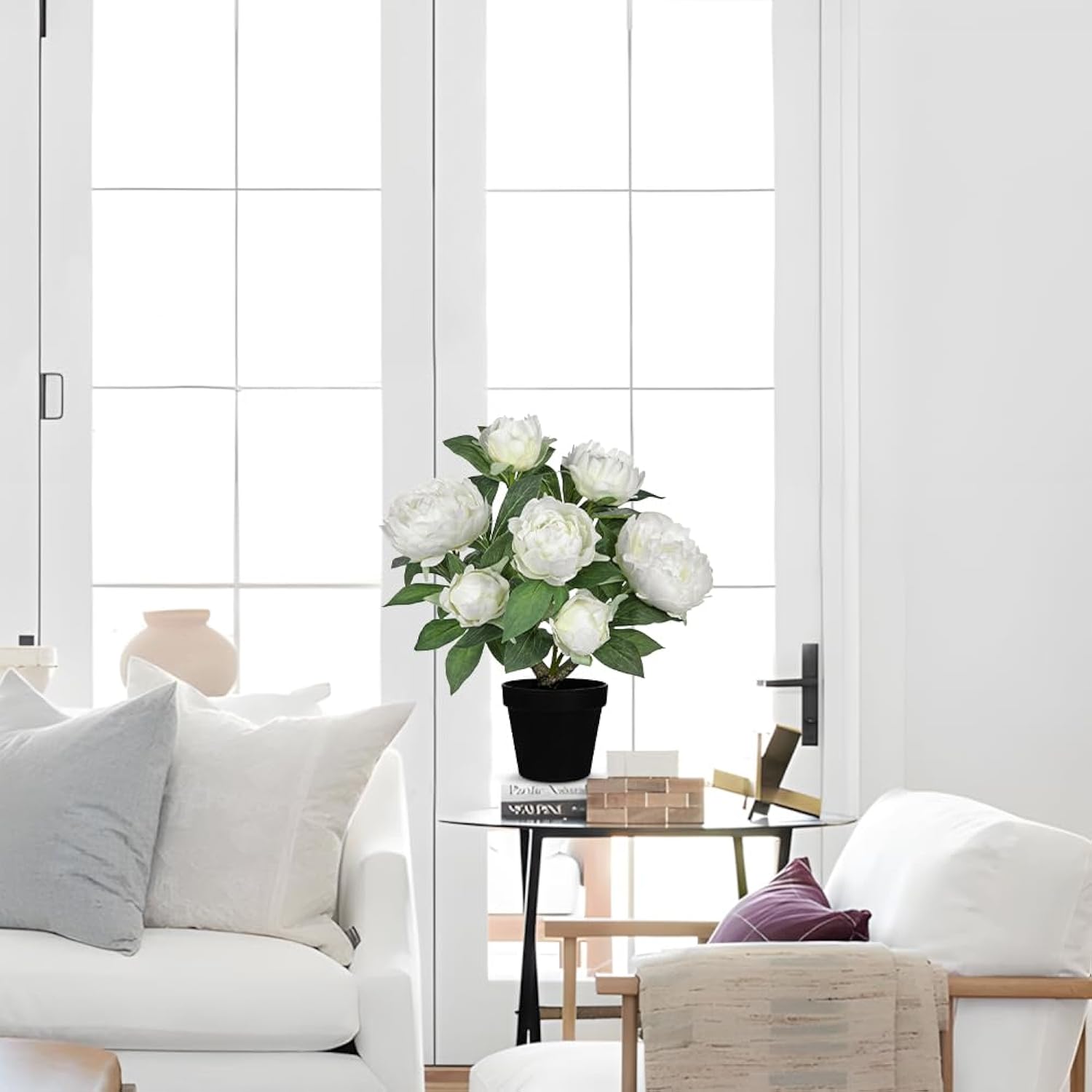 White Fake Peonies Artificial Flowers In Pot 16.9" Small Peonies Tree Indoor Outdoor Faux Plants & Flowers Peony Silk Flowers Potted Plant Artificial Peony Floral Arrangement Desk Home Decor