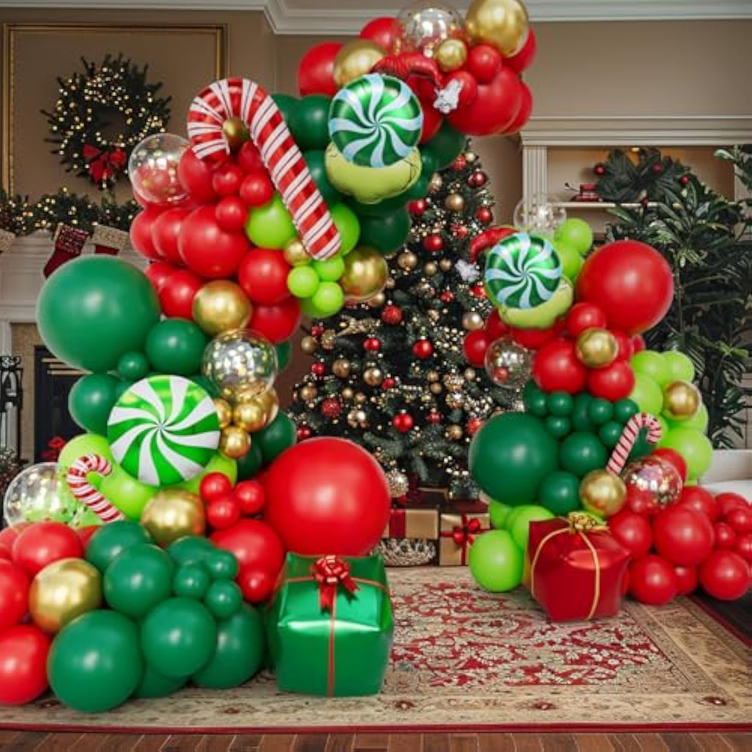 Christmas Balloon Garland Arch Kit With Xmas Red Green Gold Confetti Balloons Candy Cane Gift Box Foil Balloons For Christmas New Year Birthday Party Decorations